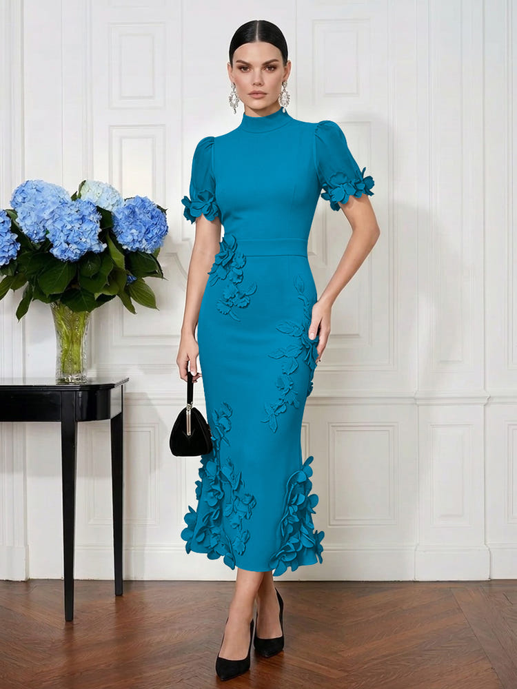 Jersey Mermaid High Neck Midi Cocktail Dresses with 3D Flowers