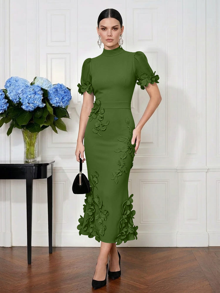 Jersey Mermaid High Neck Midi Cocktail Dresses with 3D Flowers