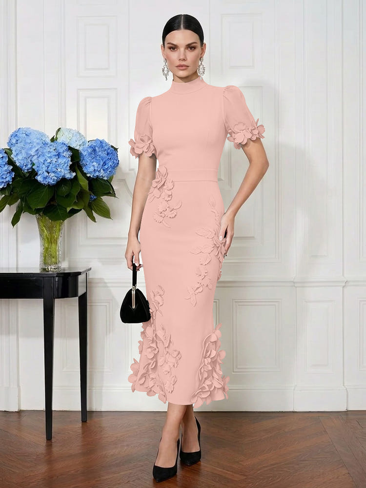 Jersey Mermaid High Neck Midi Cocktail Dresses with 3D Flowers