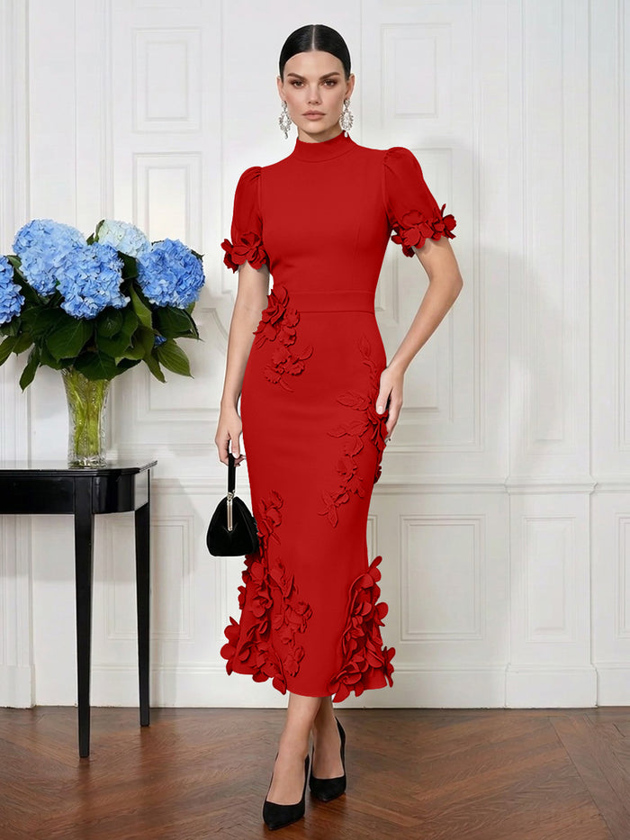 Jersey Mermaid High Neck Midi Cocktail Dresses with 3D Flowers