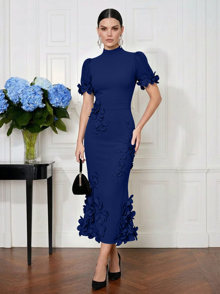Jersey Mermaid High Neck Midi Cocktail Dresses with 3D Flowers