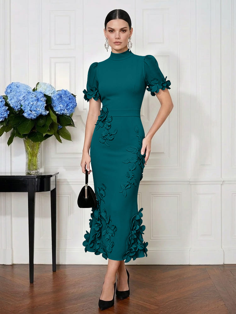 Jersey Mermaid High Neck Midi Cocktail Dresses with 3D Flowers