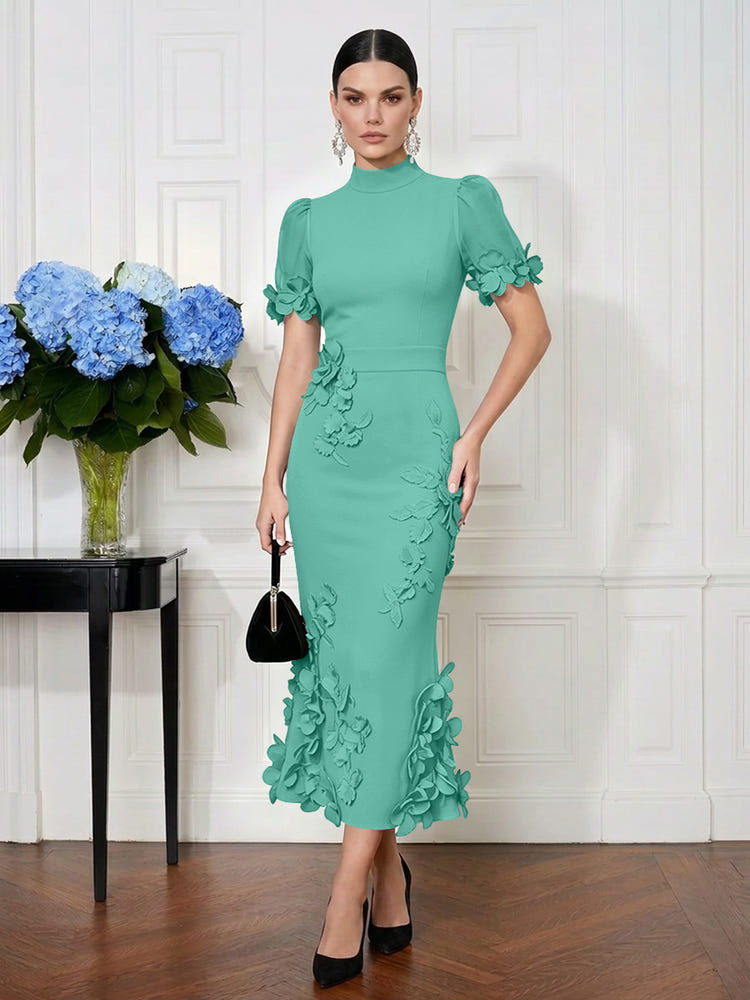 Jersey Mermaid High Neck Midi Cocktail Dresses with 3D Flowers