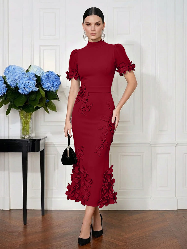 Jersey Mermaid High Neck Midi Cocktail Dresses with 3D Flowers