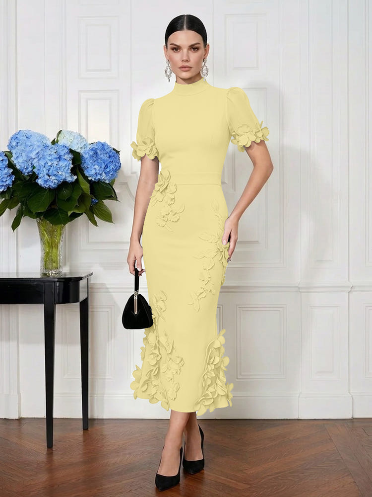 Jersey Mermaid High Neck Midi Cocktail Dresses with 3D Flowers