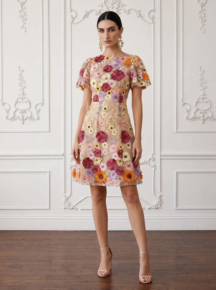3D Flower Lace A-Line Crew Neck Midi Cocktail Dresses with Floral Embroidery
