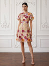 3D Flower Lace A-Line Crew Neck Midi Cocktail Dresses with Floral Embroidery