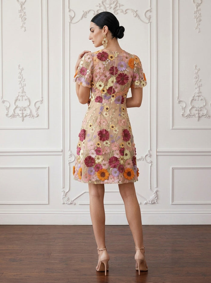 3D Flower Lace A-Line Crew Neck Midi Cocktail Dresses with Floral Embroidery