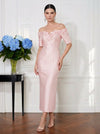 Satin Sheath Off Shoulder Midi Cocktail Dresses with 3D Flowers
