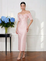 Satin Sheath Off Shoulder Midi Cocktail Dresses with 3D Flowers