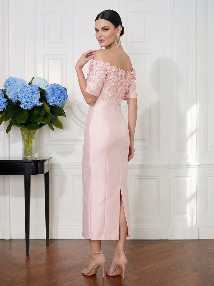 Satin Sheath Off Shoulder Midi Cocktail Dresses with 3D Flowers
