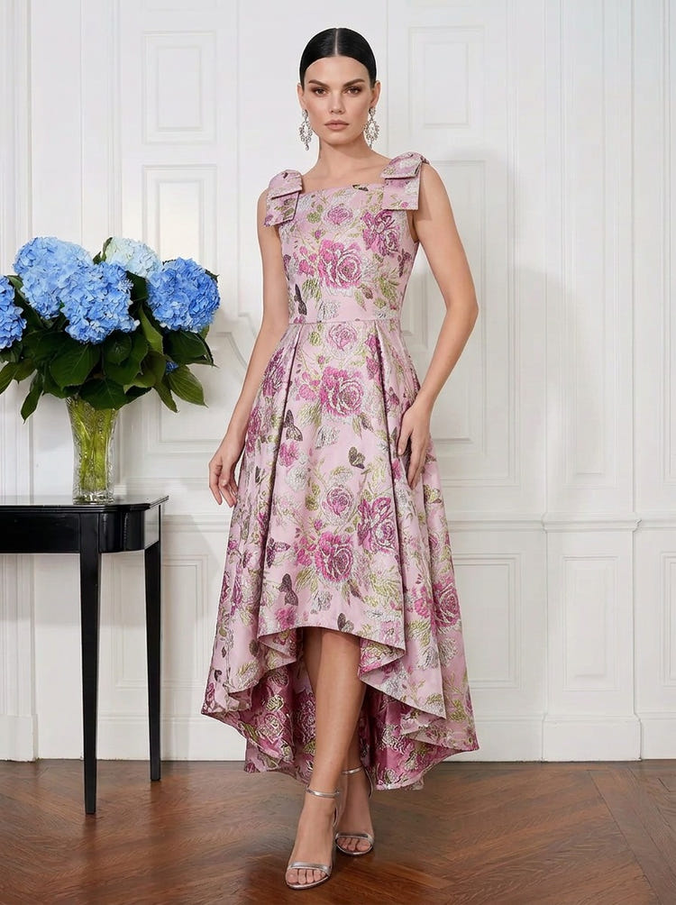 Jacquard A-Line Square Neck Midi Cocktail Dresses with Bow