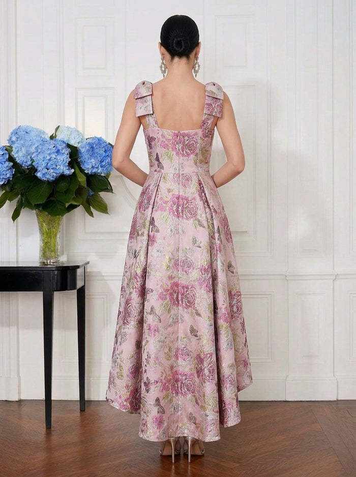 Jacquard A-Line Square Neck Midi Cocktail Dresses with Bow