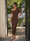 Jersey Sheath Off Shoulder Midi Cocktail Dresses with Bow
