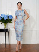 Jacquard Sheath Boat Neck Midi Cocktail Dresses with Bow