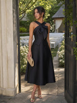 Satin A-Line Criss‑Cross Midi Cocktail Dresses with Structured Peplum Waist