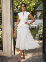 Chiffon A-Line Stand Collar Midi Cocktail Dresses with Multi‑Row Pleated Waistband & Peplum Hem