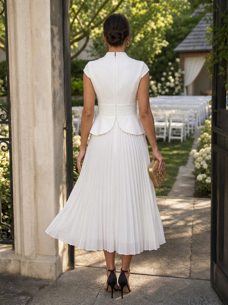 Chiffon A-Line Stand Collar Midi Cocktail Dresses with Multi‑Row Pleated Waistband & Peplum Hem