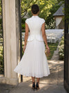 Chiffon A-Line Stand Collar Midi Cocktail Dresses with Multi‑Row Pleated Waistband & Peplum Hem