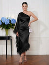 Satin Sheath One Shoulder Midi Cocktail Dresses with Natural Feather Fringe Hem
