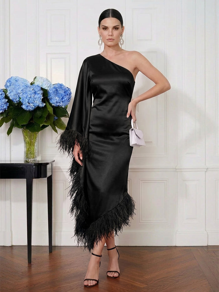 Satin Sheath One Shoulder Midi Cocktail Dresses with Natural Feather Fringe Hem