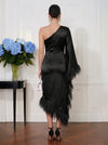 Satin Sheath One Shoulder Midi Cocktail Dresses with Natural Feather Fringe Hem