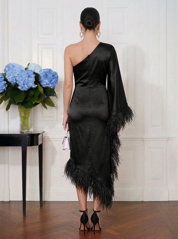 Satin Sheath One Shoulder Midi Cocktail Dresses with Natural Feather Fringe Hem