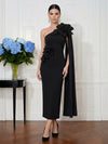 Jersey Sheath One Shoulder Midi Cocktail Dresses with 3D Flowers