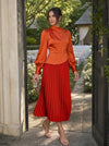 Satin A-Line High Neck Midi Cocktail Dresses with Blouson Draped Top