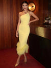 Jersey Sheath Asymmetric Neck Midi Cocktail Dresses with Natural Feather Fringe Hem