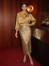 Satin Bodycon Cowl Neck Midi Cocktail Dresses with Blouson Draped Top