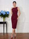 Jersey Bodycon Boat Neck Midi Cocktail Dresses with Asymmetrical Peplum Waist Detail