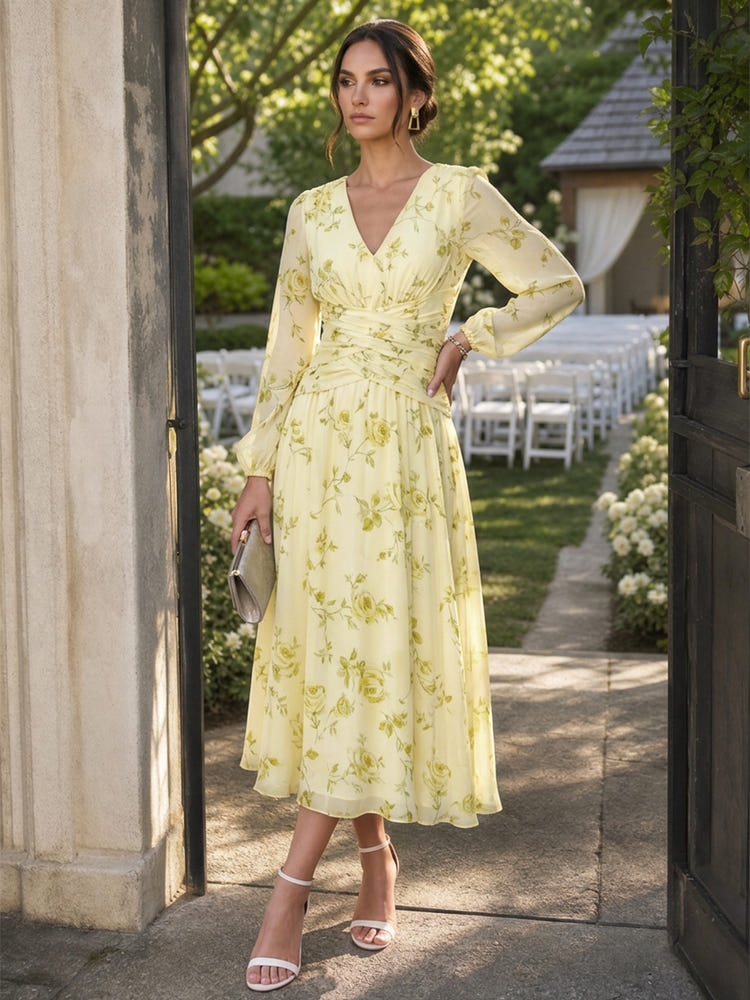Chiffon A-Line V Neck Midi Cocktail Dresses with Floral Print