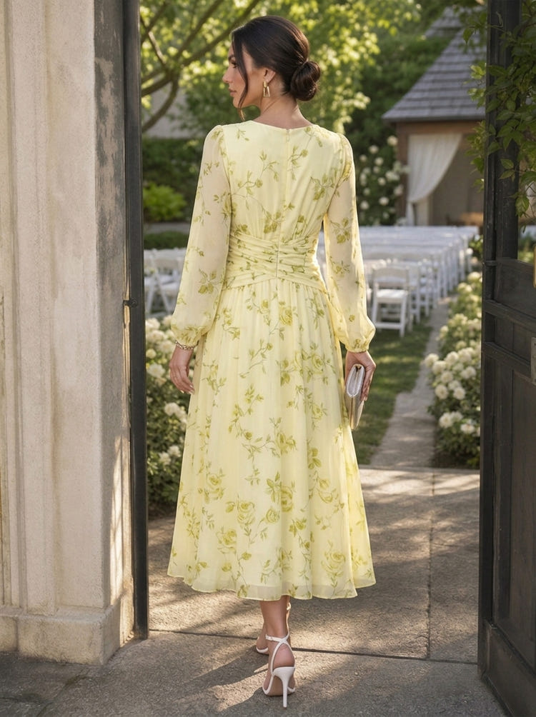 Chiffon A-Line V Neck Midi Cocktail Dresses with Floral Print