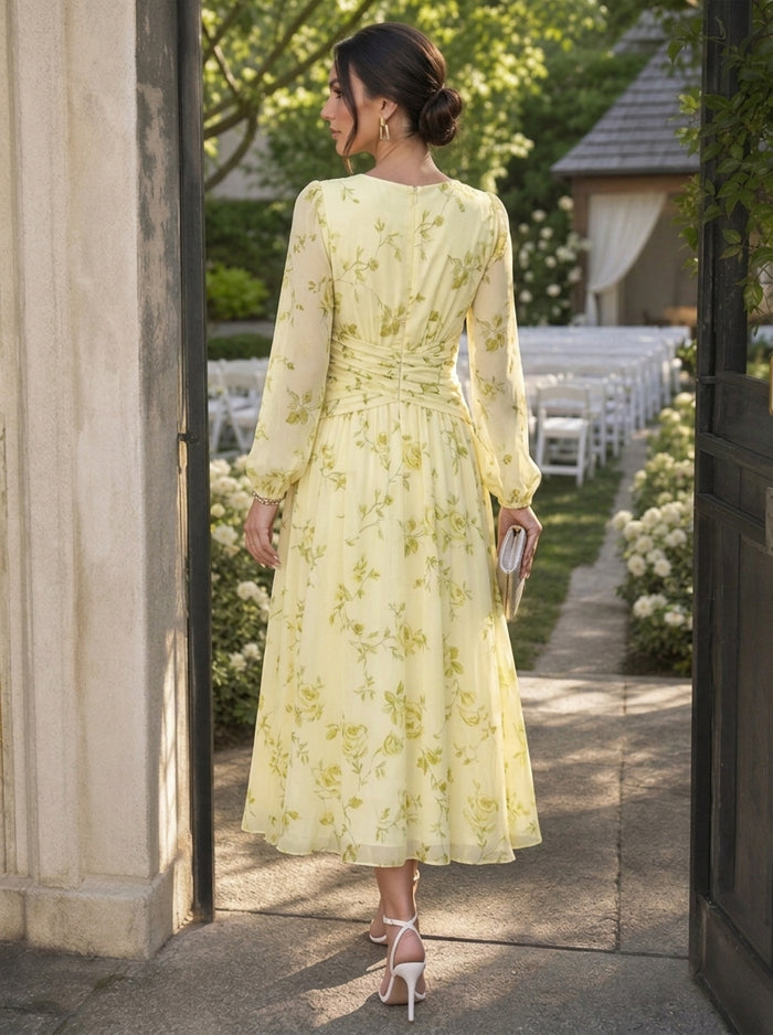 Chiffon A-Line V Neck Midi Cocktail Dresses with Floral Print