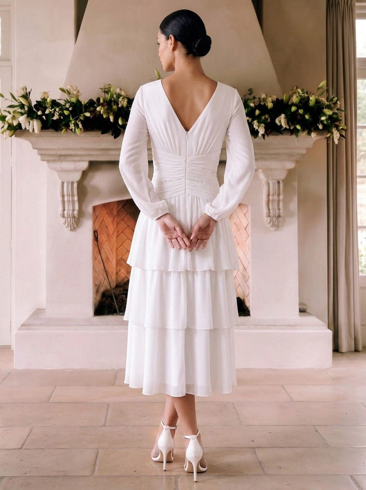Chiffon A-Line V Neck Midi Cocktail Dresses with Delicate Pleated