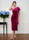 Velvet Sheath One Shoulder Midi Cocktail Dresses with Ruffles