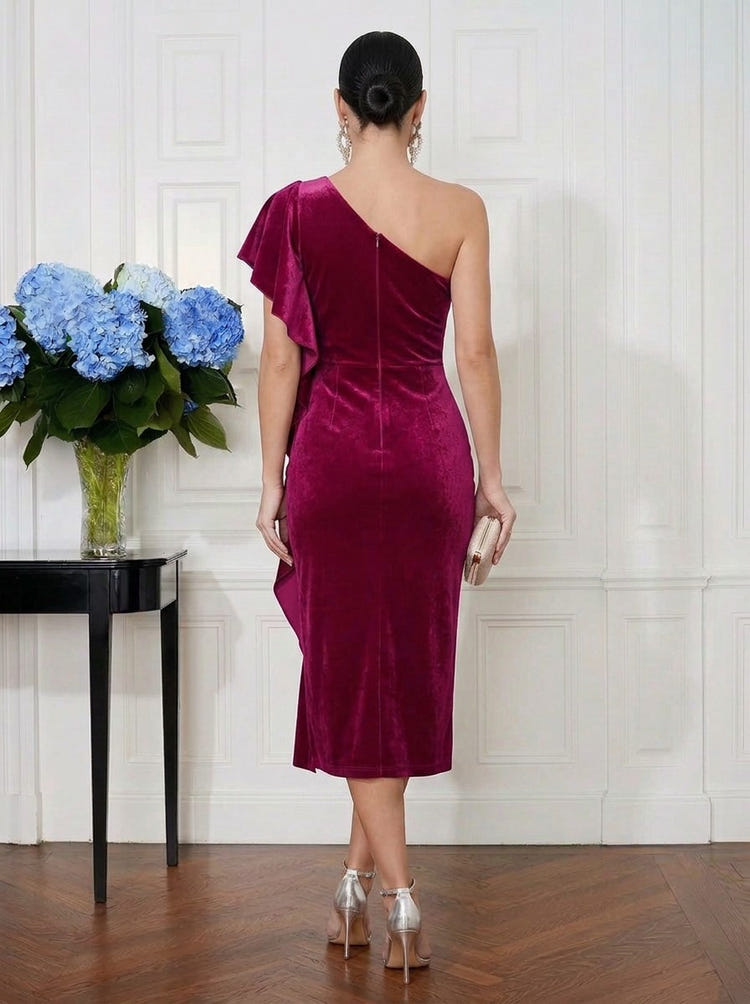 Velvet Sheath One Shoulder Midi Cocktail Dresses with Ruffles