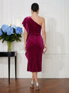 Velvet Sheath One Shoulder Midi Cocktail Dresses with Ruffles