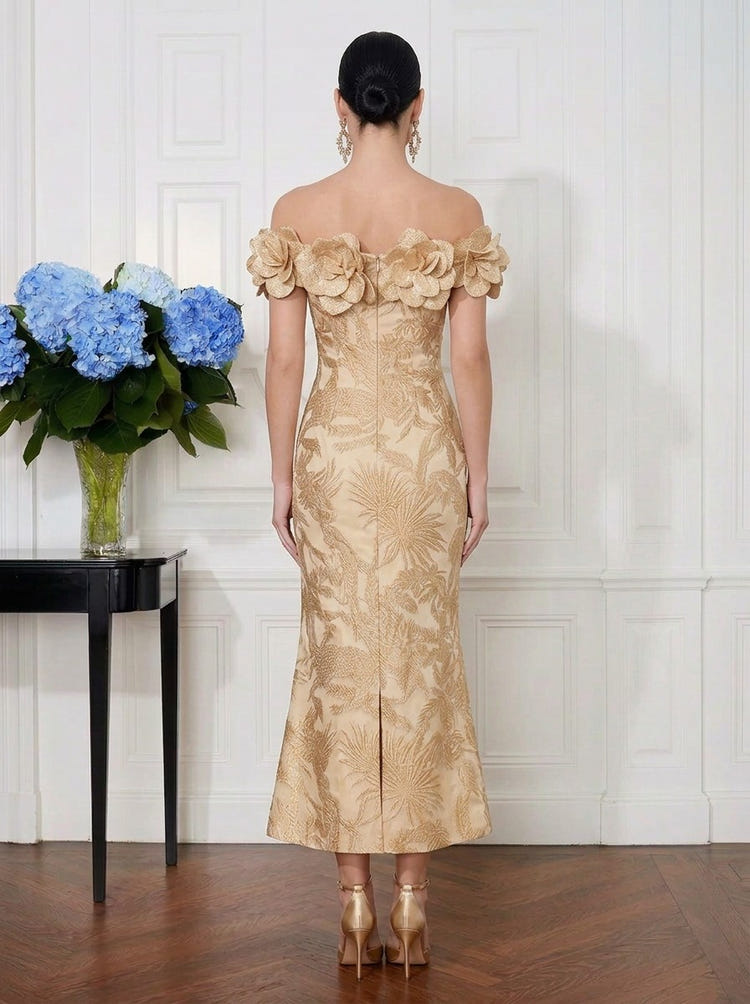 Jacquard Mermaid Off Shoulder Midi Cocktail Dresses with 3D Flowers