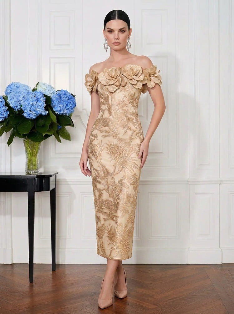 Jacquard Sheath Off Shoulder Midi Cocktail Dresses with 3D Flowers