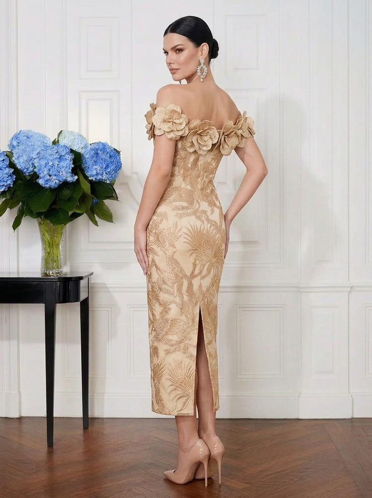 Jacquard Sheath Off Shoulder Midi Cocktail Dresses with 3D Flowers