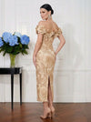 Jacquard Sheath Off Shoulder Midi Cocktail Dresses with 3D Flowers