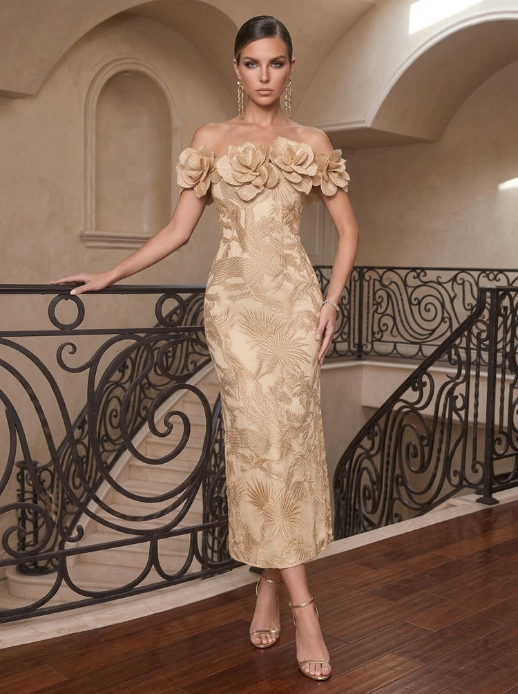Jacquard Sheath Off Shoulder Midi Cocktail Dresses with 3D Flowers