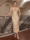 Jacquard Sheath Off Shoulder Midi Cocktail Dresses with 3D Flowers