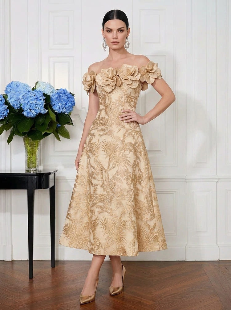 Jacquard A-Line Off Shoulder Midi Cocktail Dresses with 3D Flowers