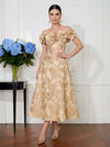 Jacquard A-Line Off Shoulder Midi Cocktail Dresses with 3D Flowers