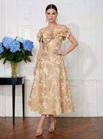 Jacquard A-Line Off Shoulder Midi Cocktail Dresses with 3D Flowers
