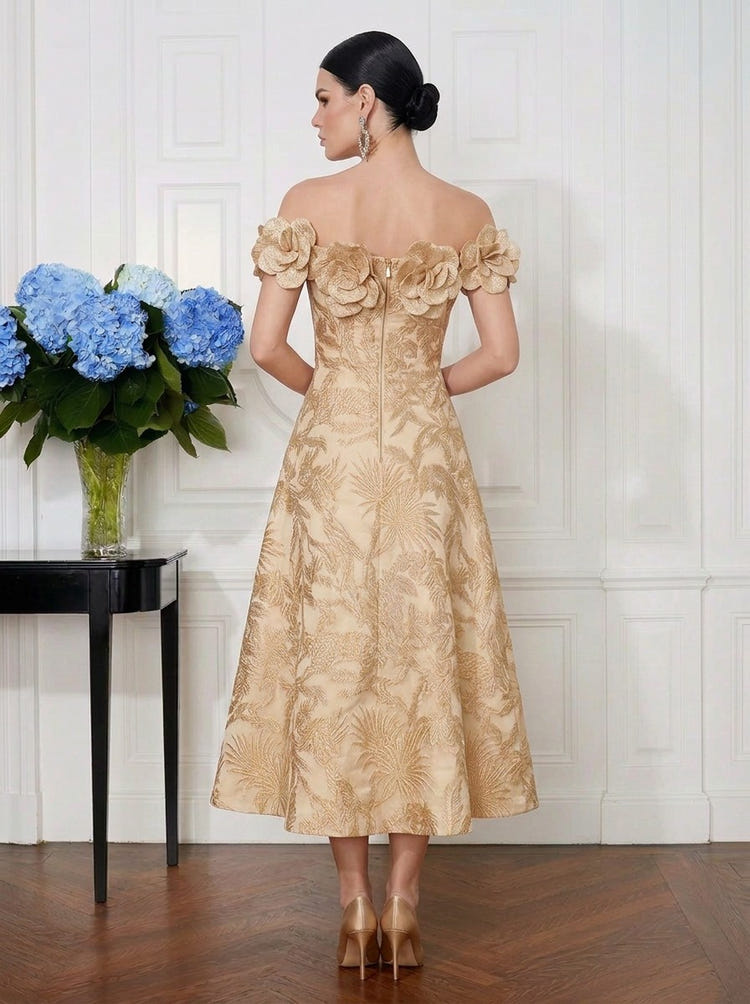 Jacquard A-Line Off Shoulder Midi Cocktail Dresses with 3D Flowers