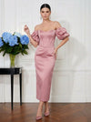 Satin Sheath Off Shoulder Midi Cocktail Dresses with Corset Bodice